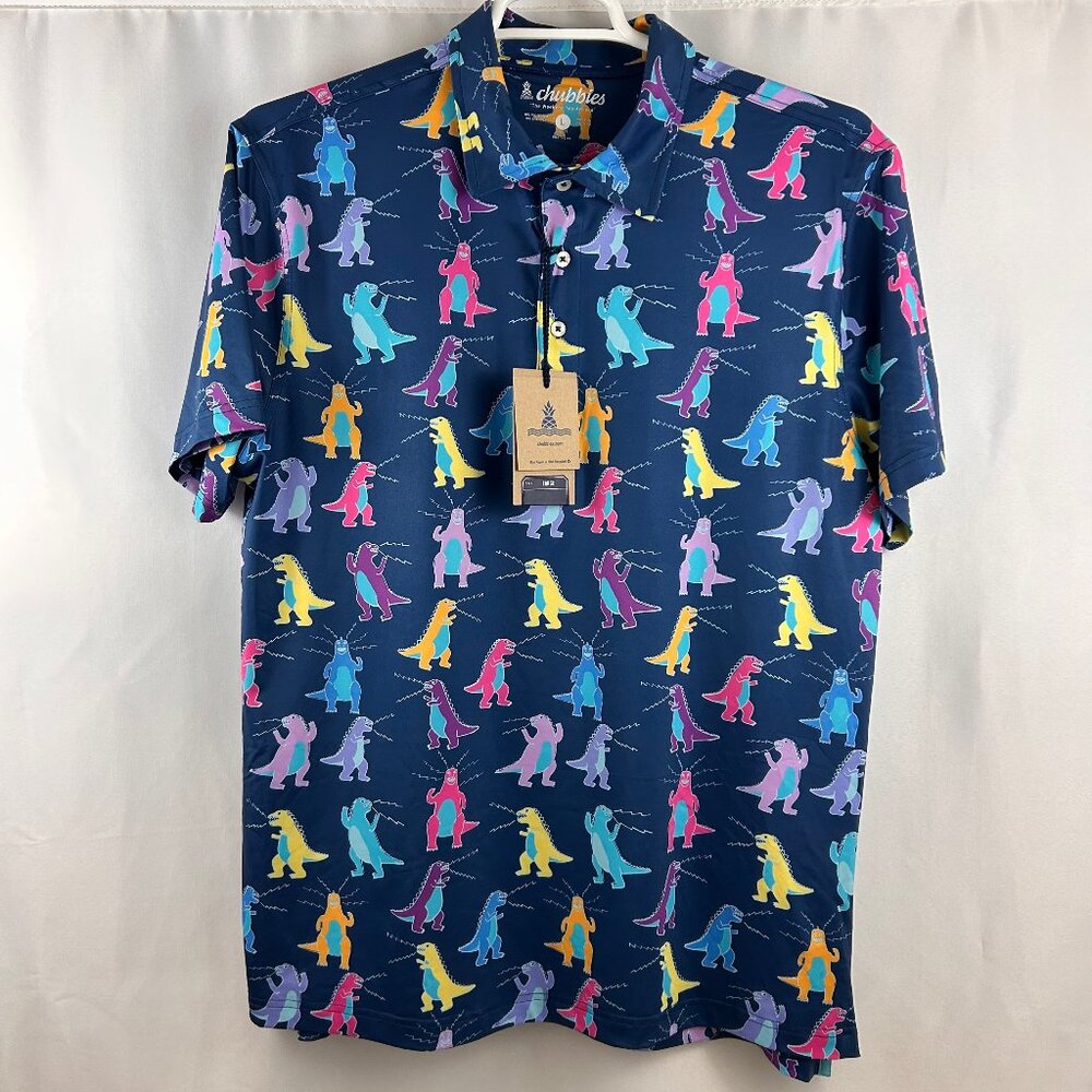 NWT Chubbies Golf Polo Men's Size L Roaring Colorful Dinosaur